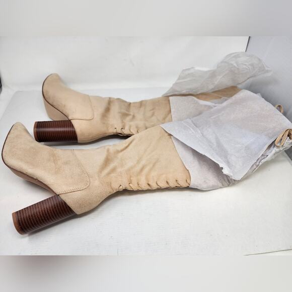 New Beige Pointed Toe Faux Suede Over the Knee High Boots Chunky Size 8.5 - Picture 6 of 13